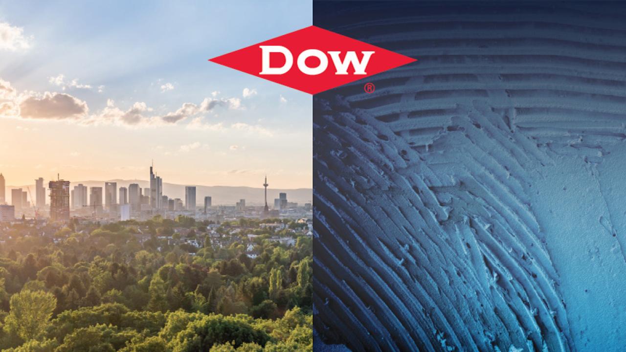 Two photos: a city skyline with trees in the foreground and microscopic close up of powder material. Dow logo between them.