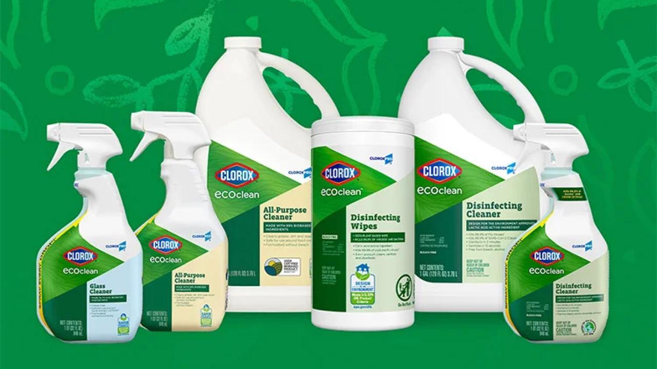 Different Eco Clean products from Clorox, a green background.