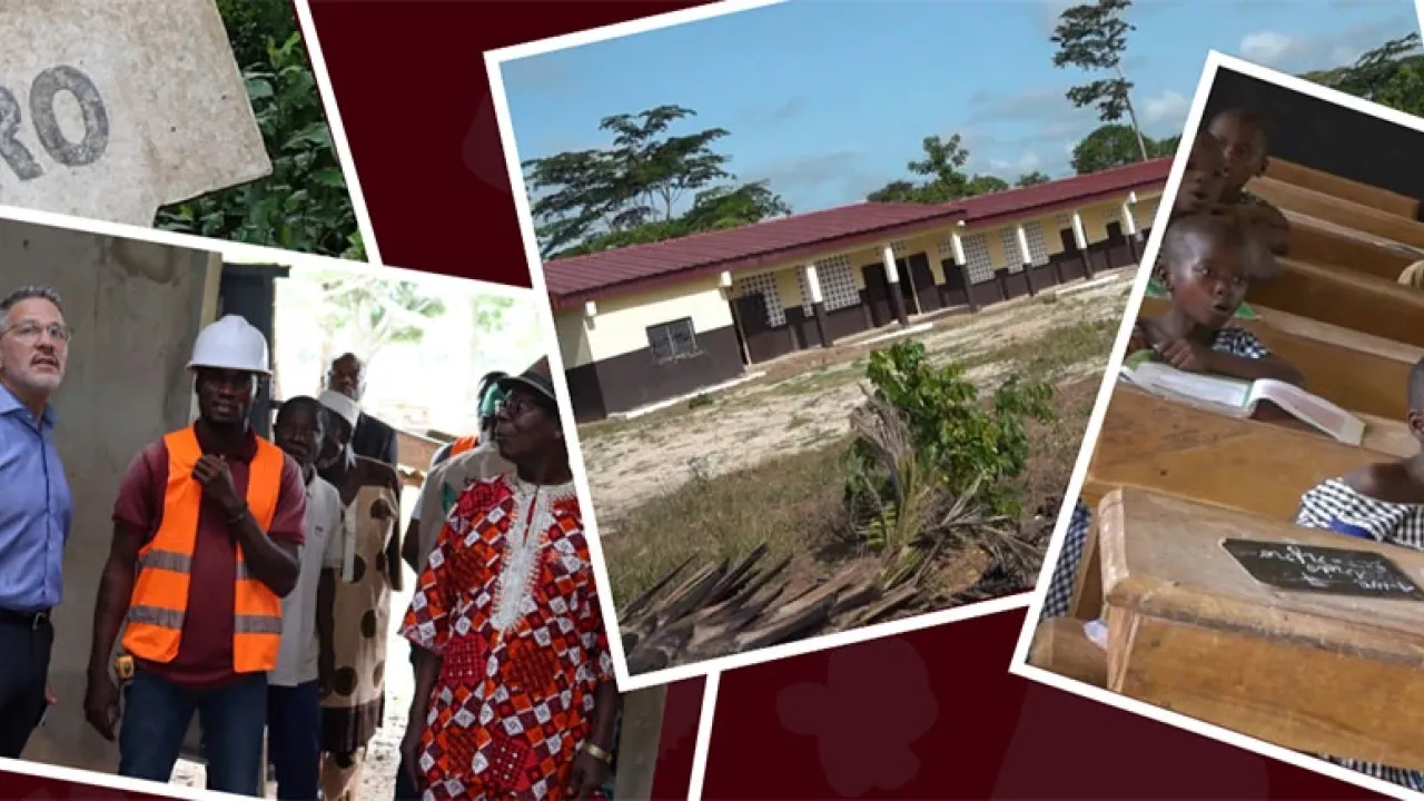 Collage of images of children in school, a school building, people looking at a building under construction.