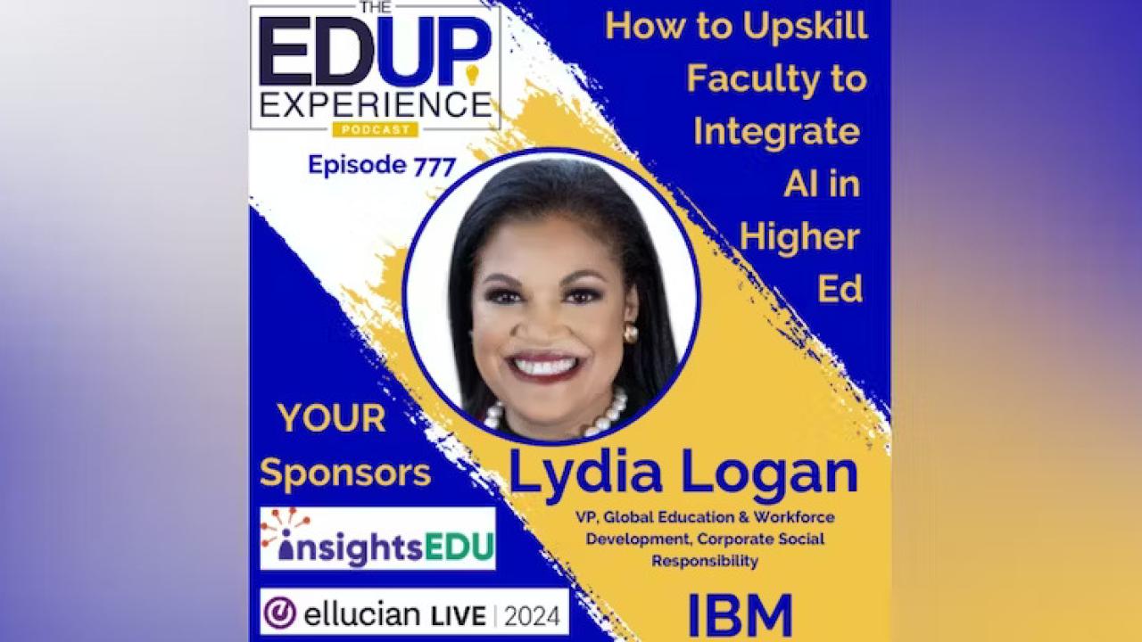 Lydia Logan and EdUp Experience logo as well as sponsor logos and "How to upskill faculty to integrate AI in Higher Ed."