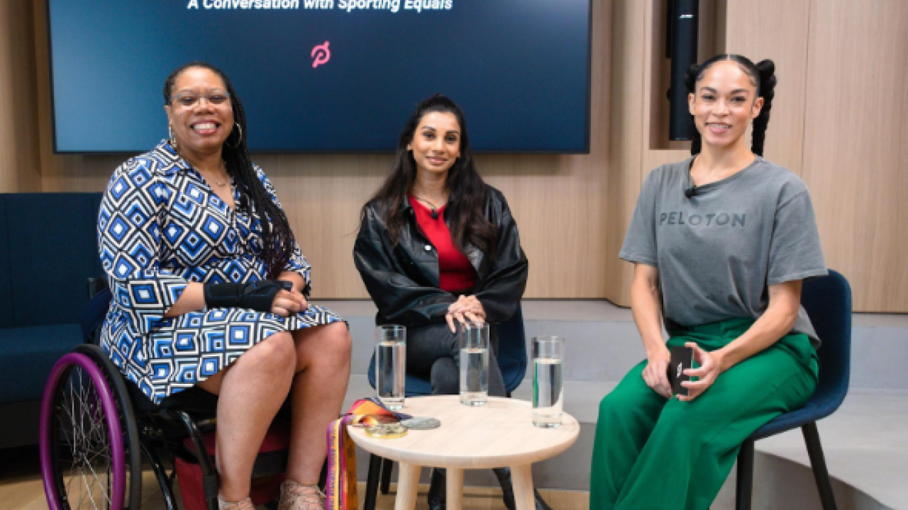 Three women in front of screen that reads "Embracing Equity in Sport" A conversation with Sporting Equals