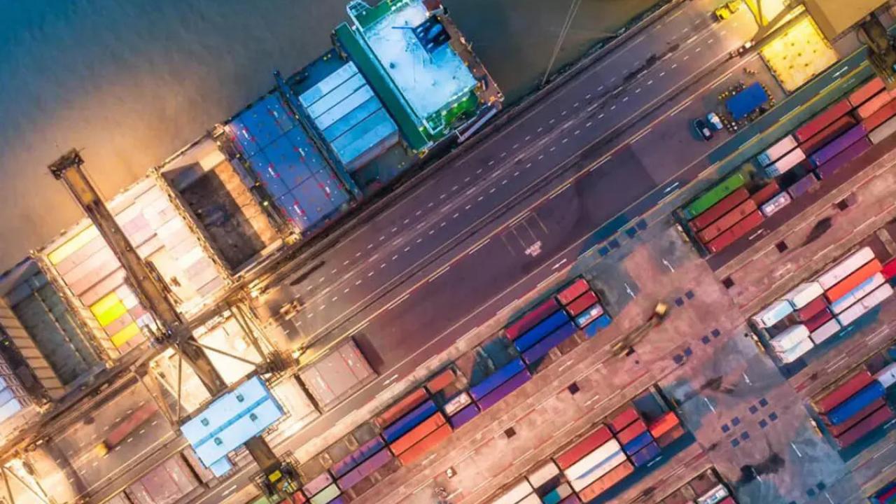Aerial view of a busy shipping port.