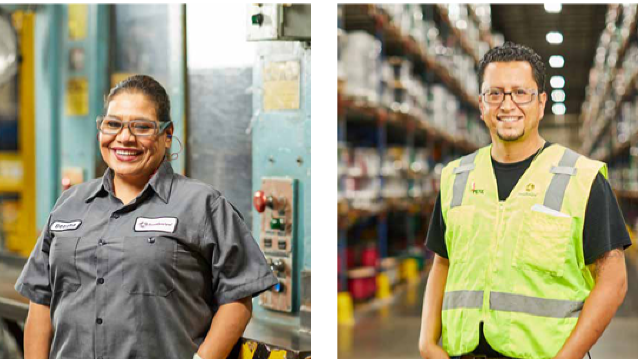 Two pictures. Left: A person in safety glasses and maintenance uniform. Right: a person in a reflective vest and safety glasses in a warehouse.