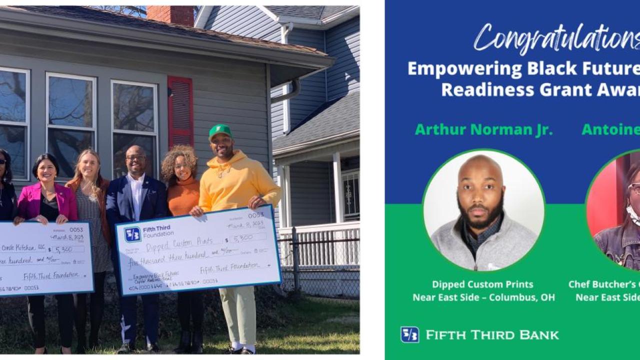 People holding big checks and Text: Congratulations! Empowering Black Futures Capital Readiness Grant Awardees. Arthur Norman Jr., Antoinette Parks