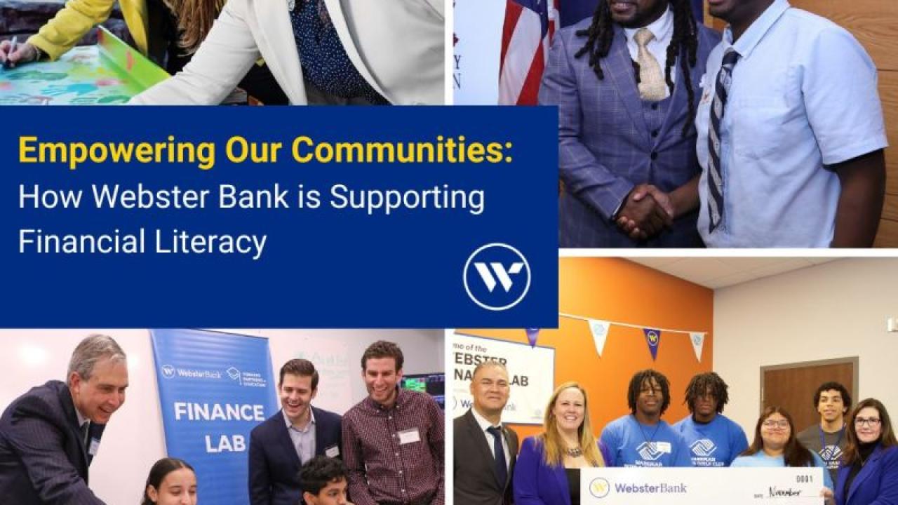Collage of people shaking hands, Adults helping kids working on laptops, and a group posed with a large check. "Empowering communities..."