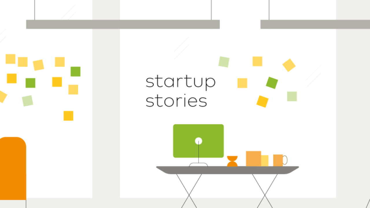 drawing of an office with "startup stories"