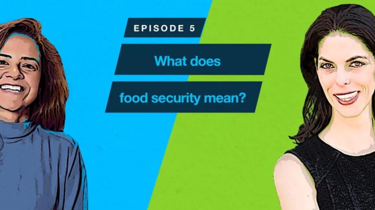 two people drawn in colored sketch, "Episode 5 what does food security mean" in between them