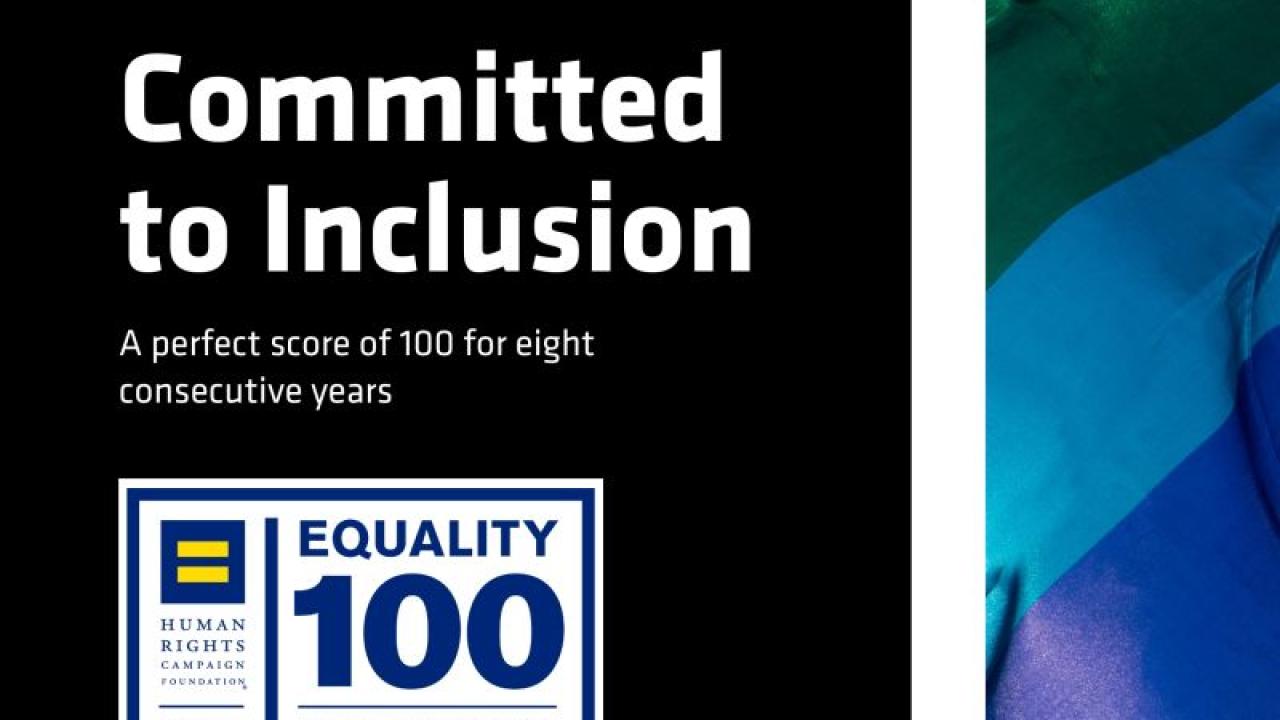 A colorful flag in the background "Committed to Inclusion" and Equality 100 logo.