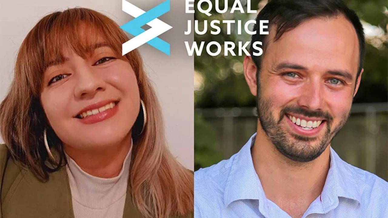 Two peoples' profiles next to each other. "Equal Justice Works" logo between them.