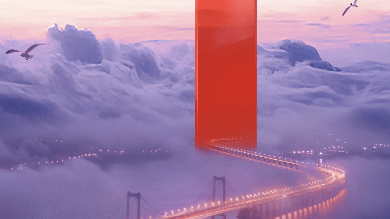 abstract image of bridge over water lined with lights