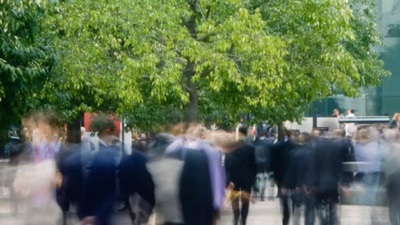 An outdoor landscape with blurred people.