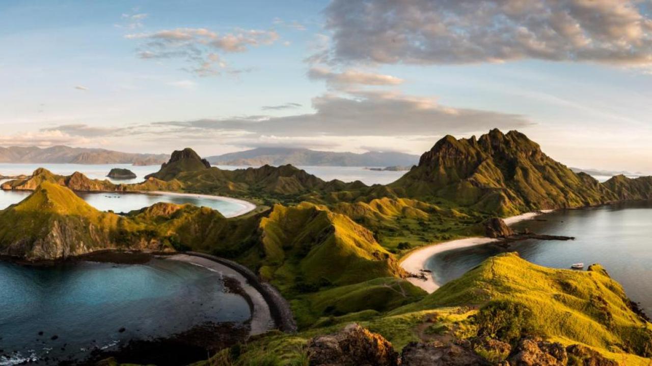 Aerial view of a mountainous, island landscape