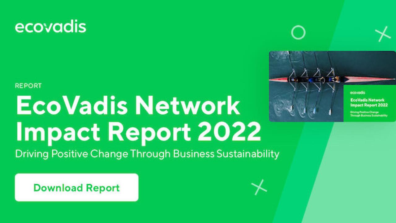EcoVadis Network Impact Report 2022: Driving positive change through sustainability. Download report. Image of report co er with 4 man sculling boat. 