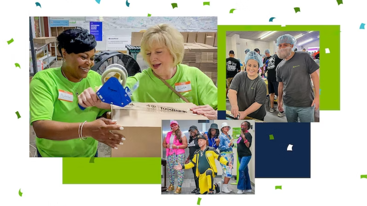 Three photos of employees during Evergreen Week