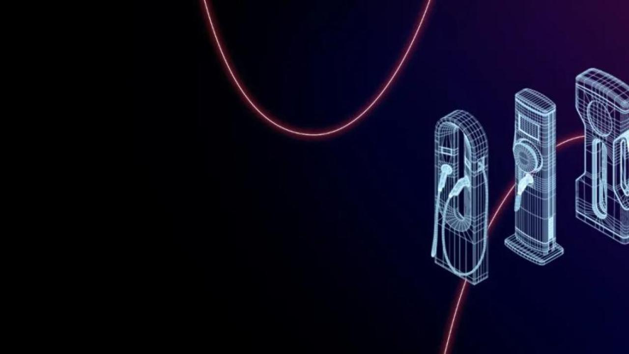 On a black background, digital outlines of EV charging stations.