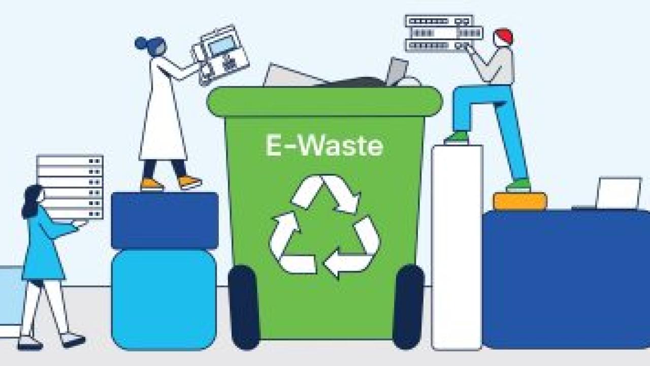 Basic sketch of people climbing boxes and putting items in an E-Waste recycling bin.