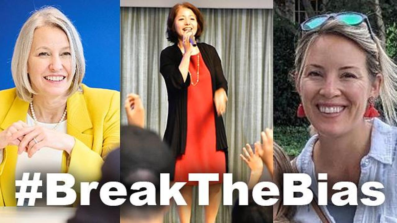 profile pics of Kim Stollar, Great Lundeberg, and Miwa Kobayashi with "#breakthebias" across the front