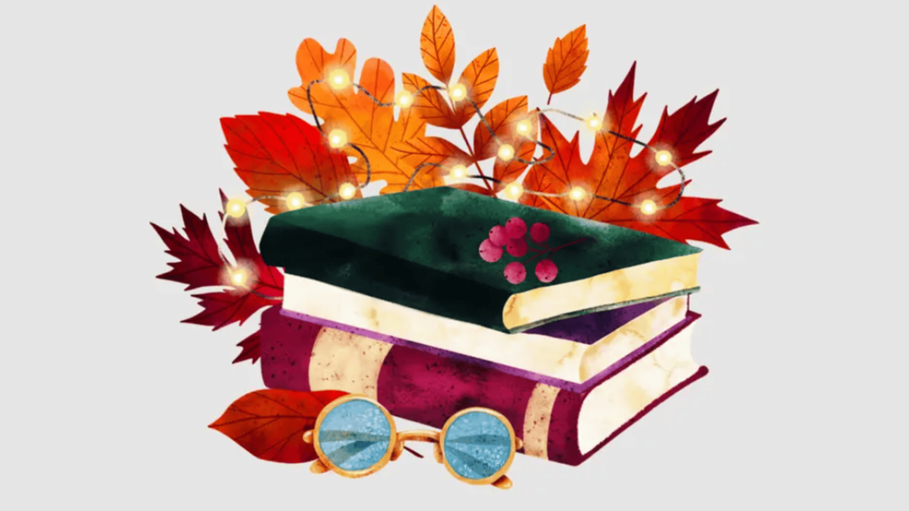 Illustration of books stacked on top of each other surrounded by fall leaves