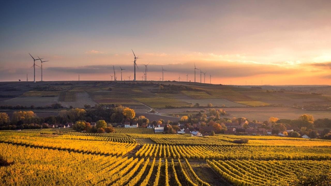Landscape with farm fields in the foreground. Wind turbines stand on distant hills while the sun sets over the vista.