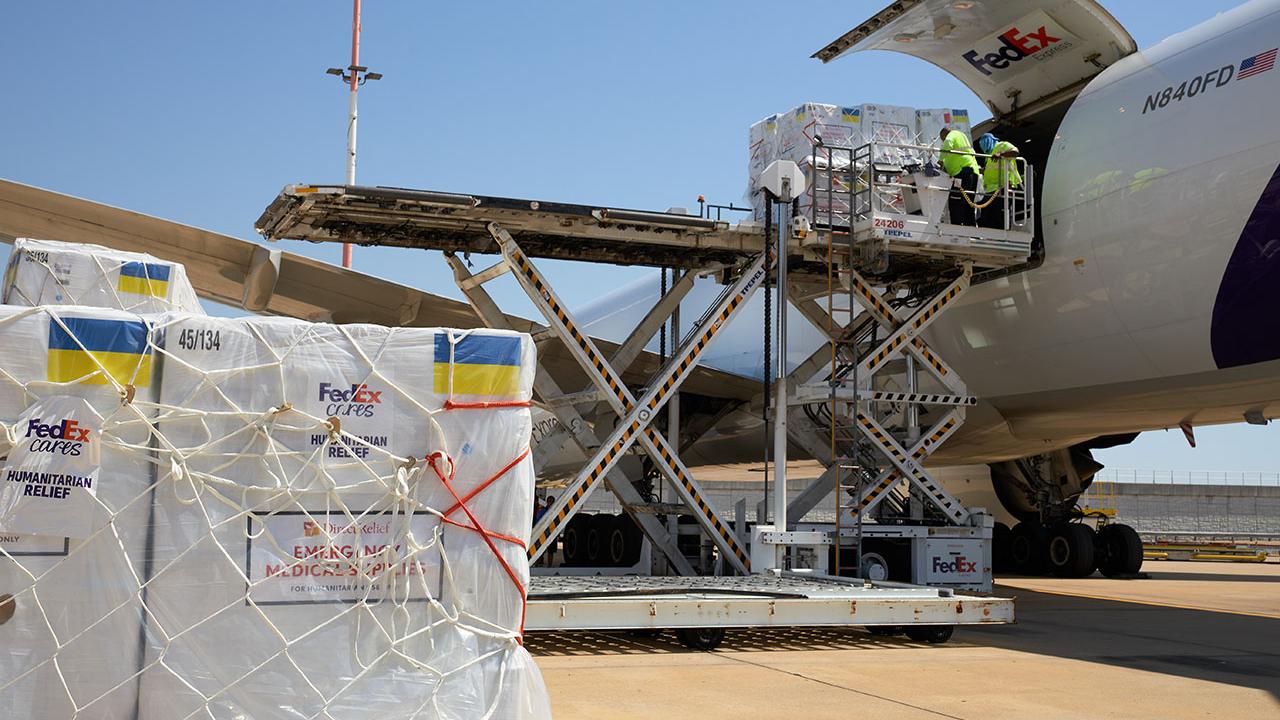 Direct Relief has surpassed $2 billion in medical aid provided to Ukraine since 2022. Here, 52 tons of medical aid arrives in Warsaw, Poland, on June 26, 2022, for last-mile distribution to health facilities in Ukraine. FedEx donated the charter transportation, free of charge. (FedEx photo)