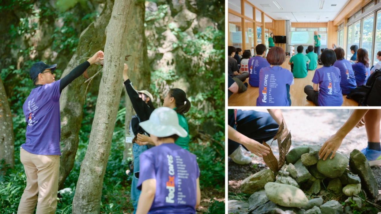 Collage of FedEx team members and children doing activities