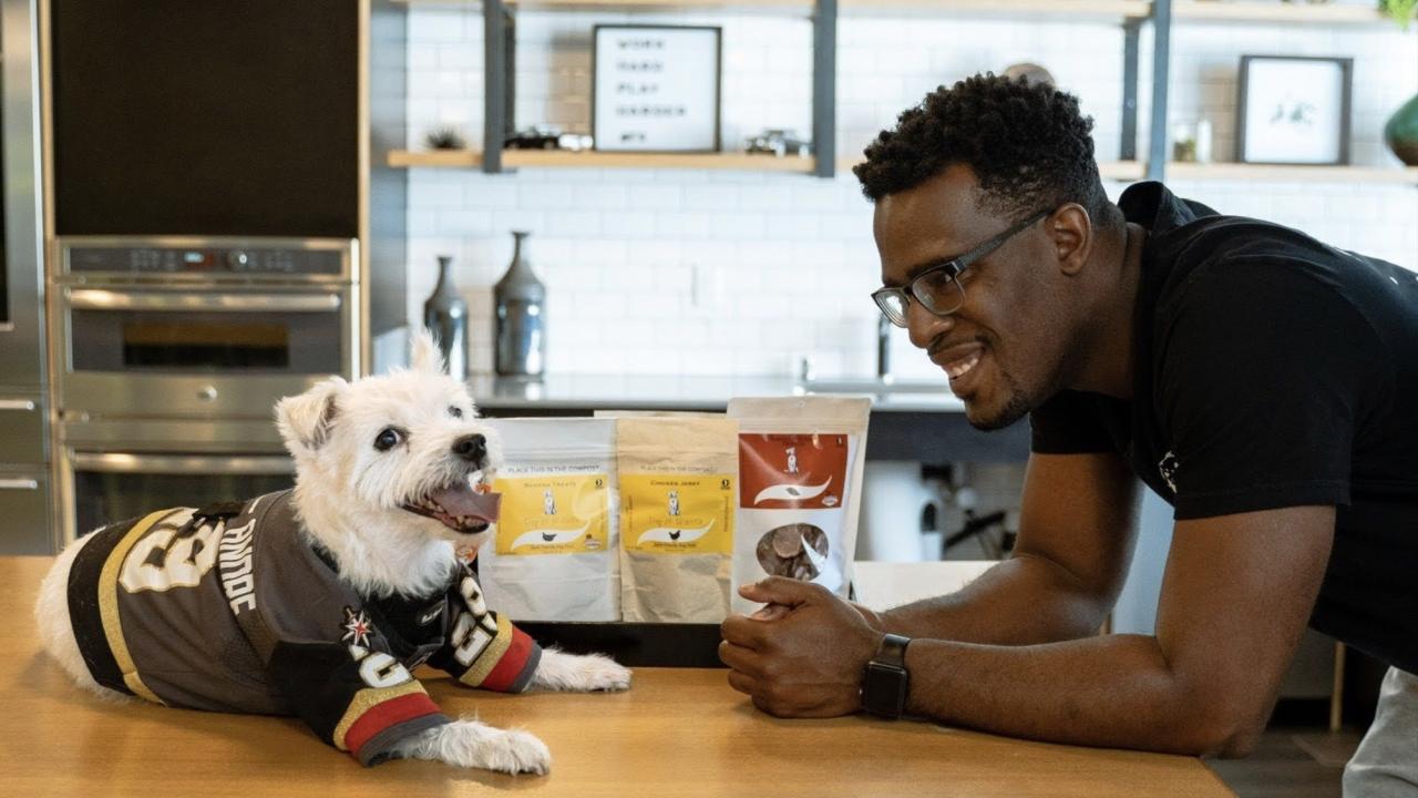 a small white dog in a sports jersey, sitting on a table with Eric Adams, in a black t-shirt, looking on