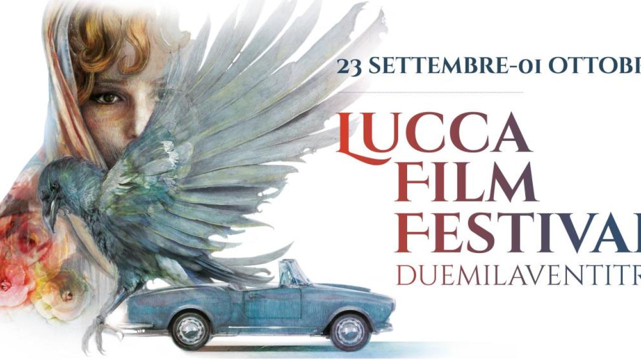 Lucca Film Festival, and other information in Italian. Images of a convertible car, a dark bird, and a face.