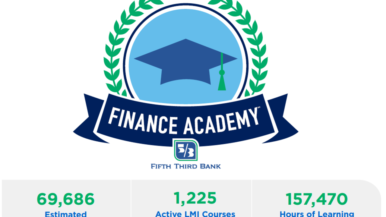 Finance Academy badge, and Fifthe Third Bank logo. Statistics "69,686 estimated LMI Student Reach" "1225 Achieve LMI Courses" "157470 hours of learning in LMI Schools."