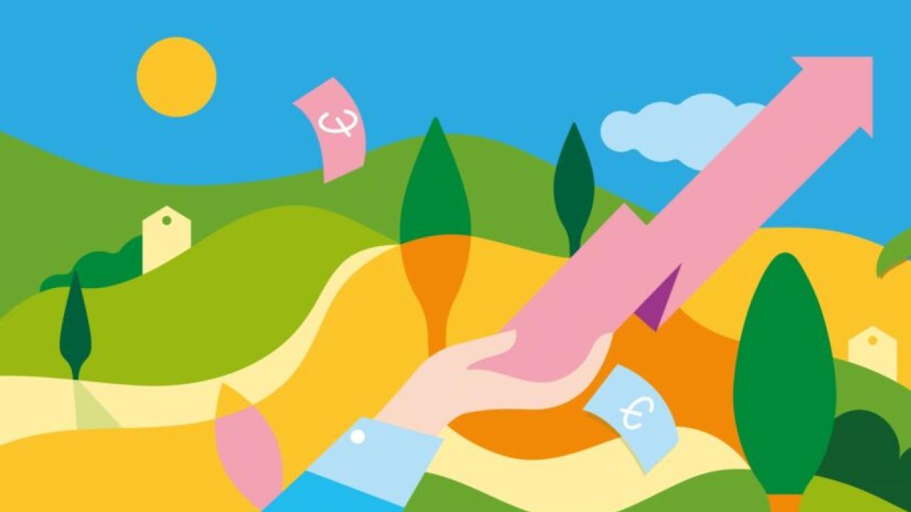 Abstract image of a hand holding an arrow showing growth over a hilly landscape