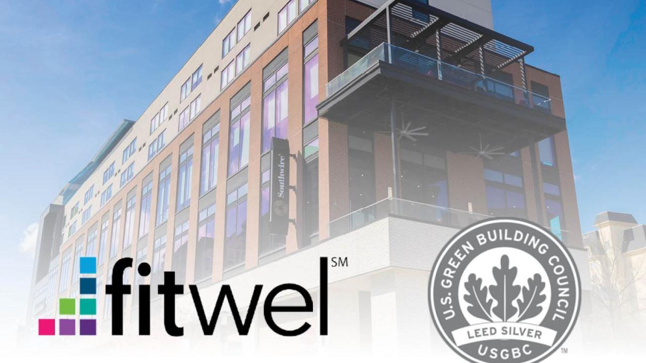 Exterior of a Southwire office building. fitwel and LEED silver logos.