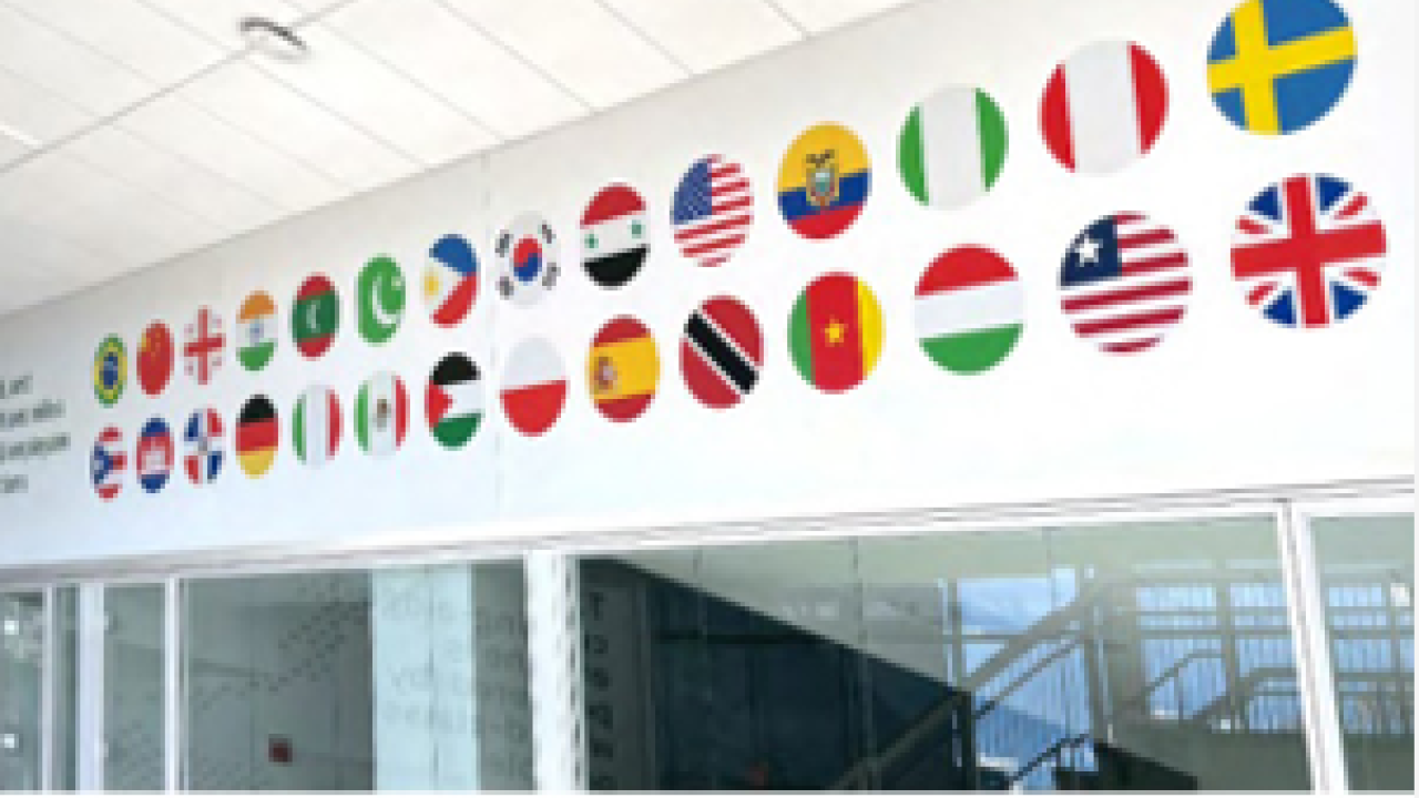 Circular cropped flags above a doorway