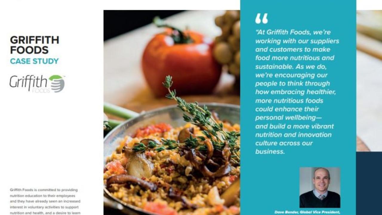 plate of food, a tomato and other foods in the background. Griffith Foods case study and logo on the right. The quote, and picture of, Dave Bender on the right