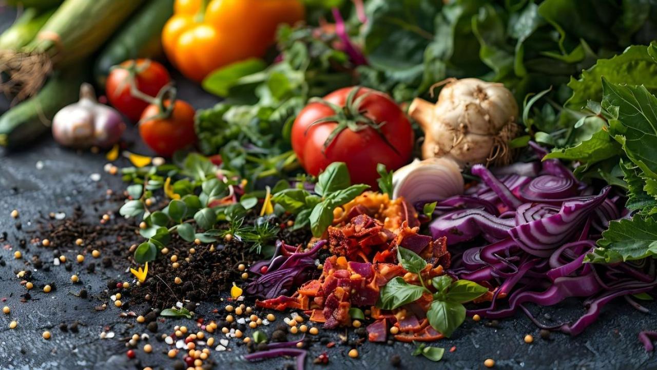 On a dark surface, many different vegetables, some chopped up finely.