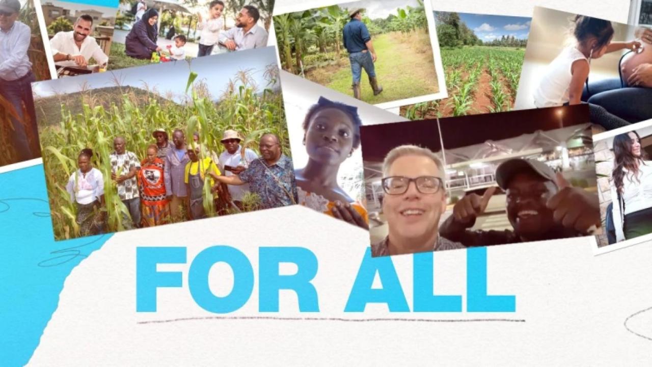 collage of photos of different groups of people, some in agriculture, some in families. "For All" at the bottom