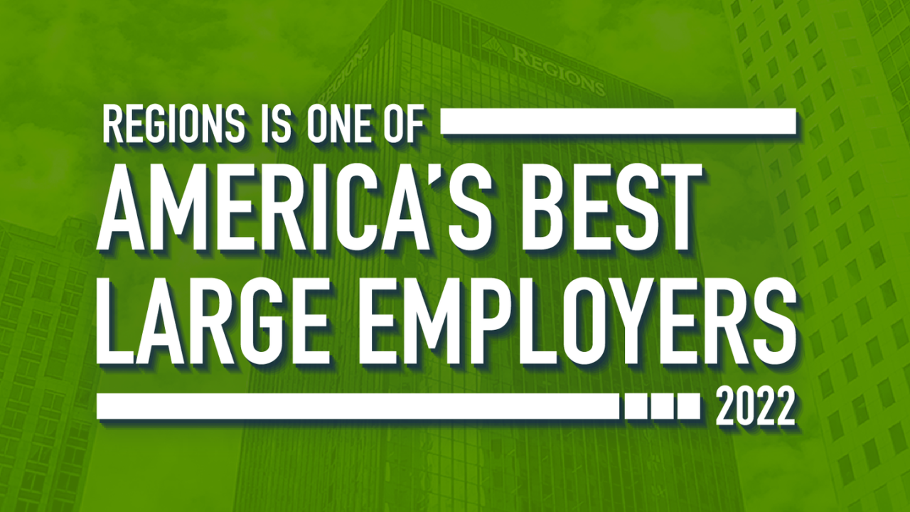"Regions is one of America's Best Large Employers 2022" logo
