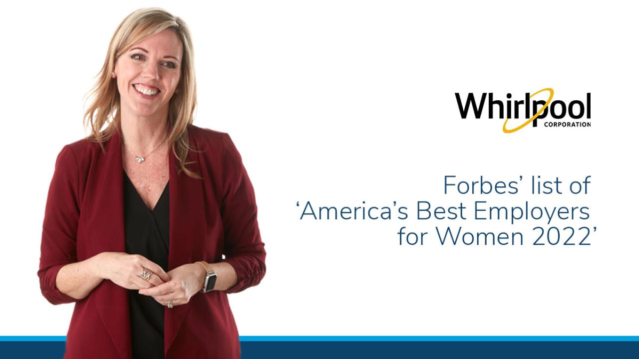 a person in a red blazer and black top, to their right the Whirlpool logo and "forbes' list of Americas best employers for women 2022"