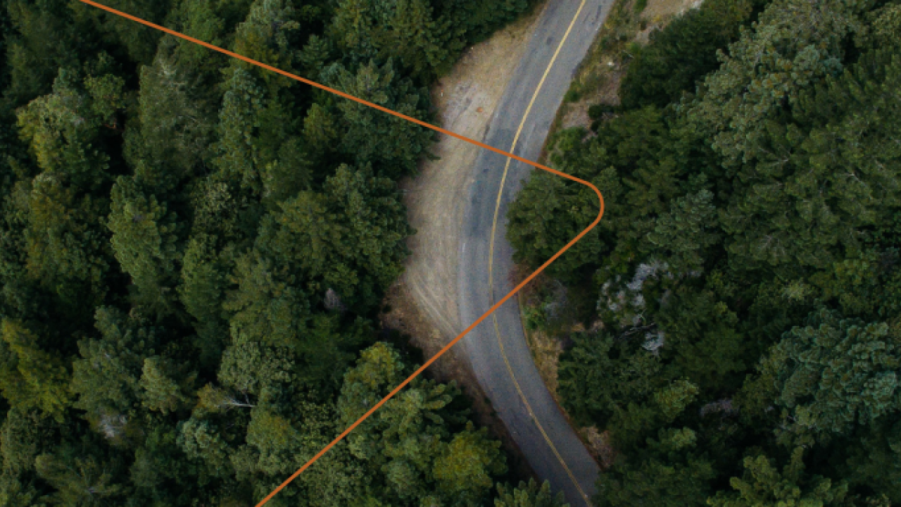 aerial view of a road through dense forest