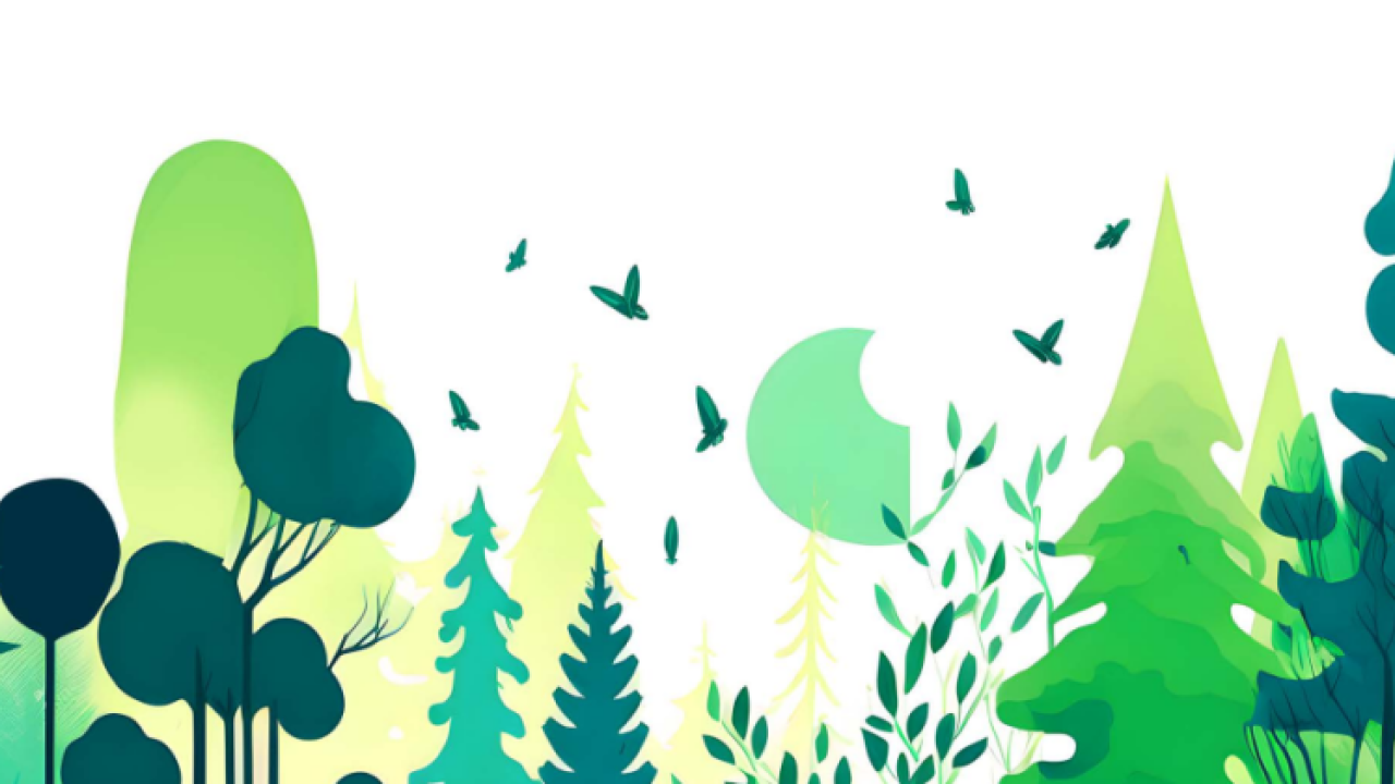 Drawing of a bright forest of trees.