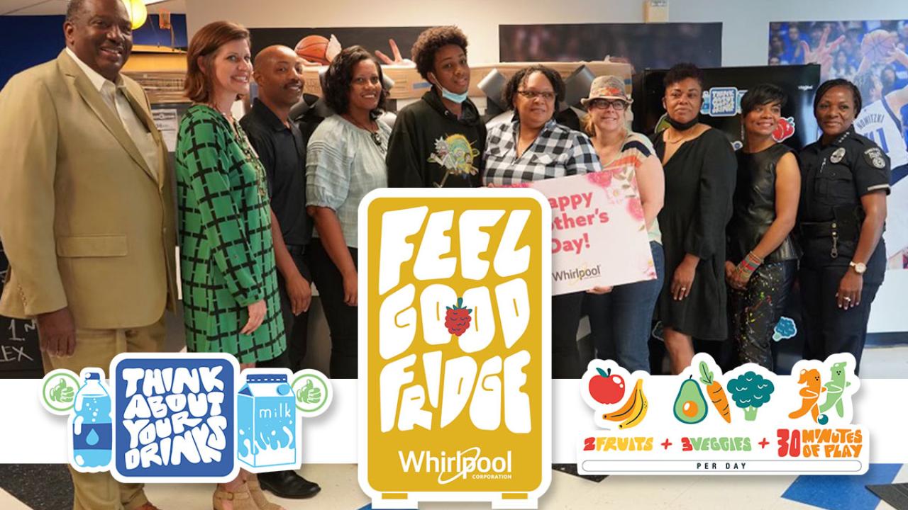 Photo of people posing with text "Feel good Fridge" Whirlpool Corporation