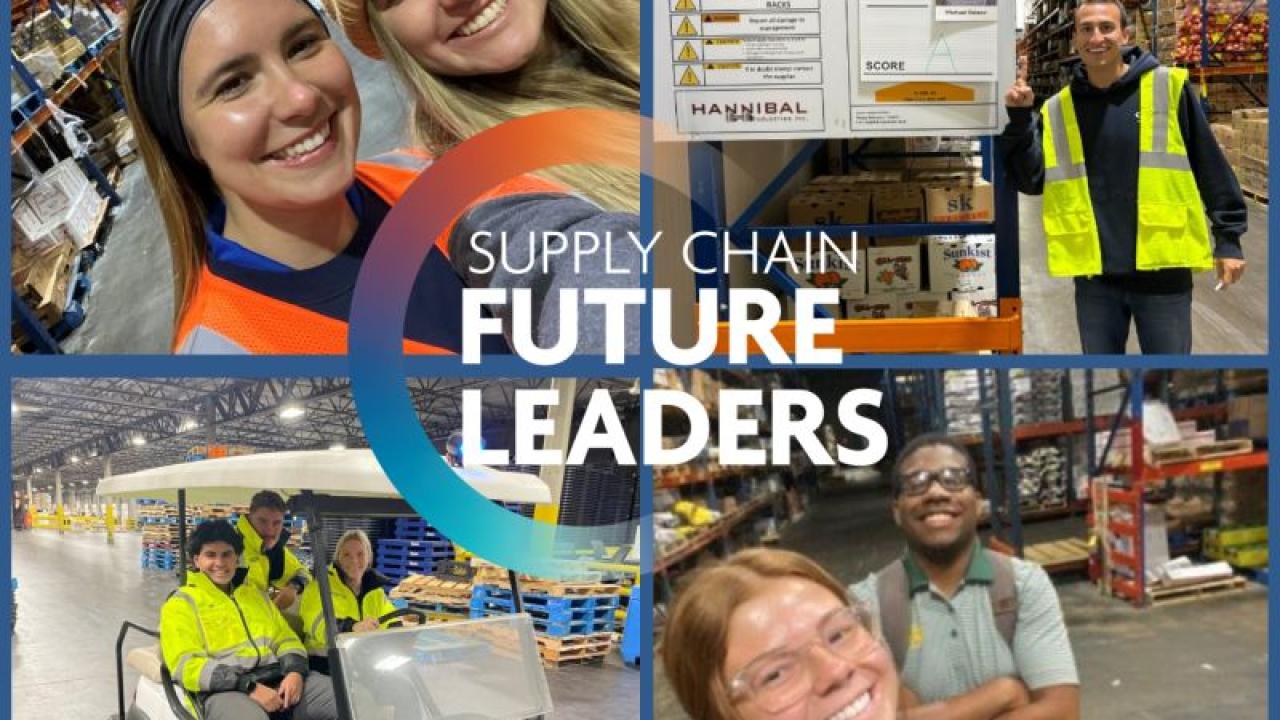 Collage of four images of employees in differents wareshouse setting, some taking selfies with others. "Supply Chain Future Leaders."