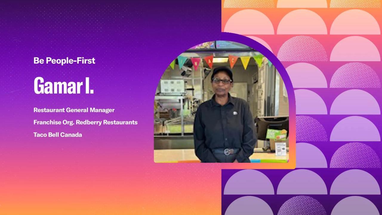 Gamar I. "Be people-first" on a colorful gradient background.