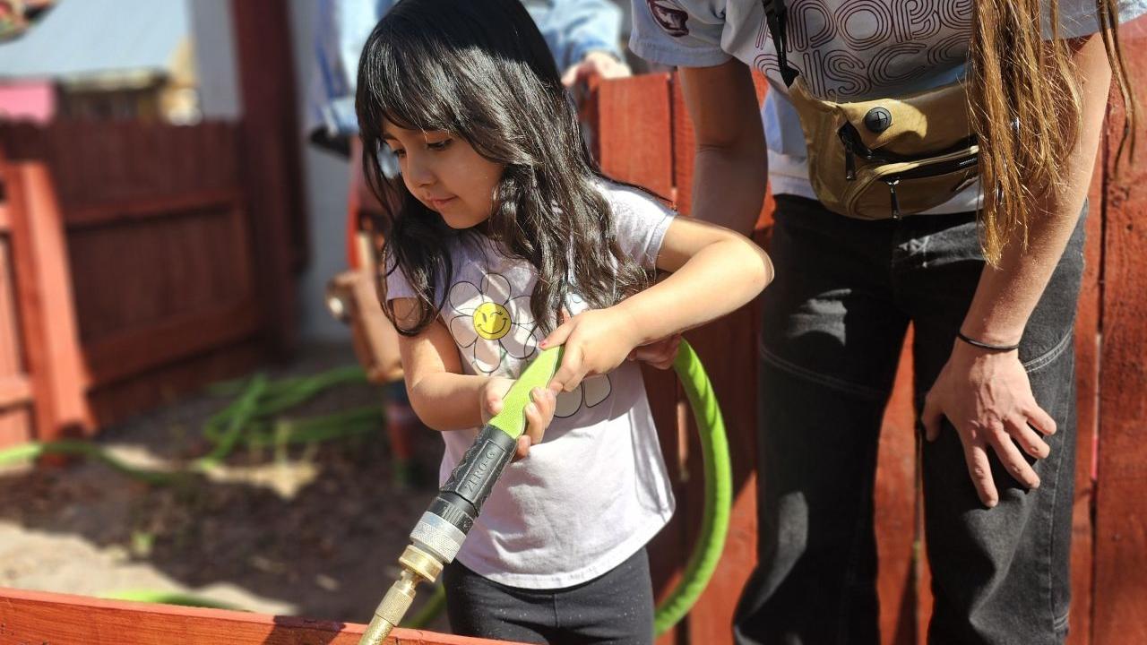 child and adult gardening together