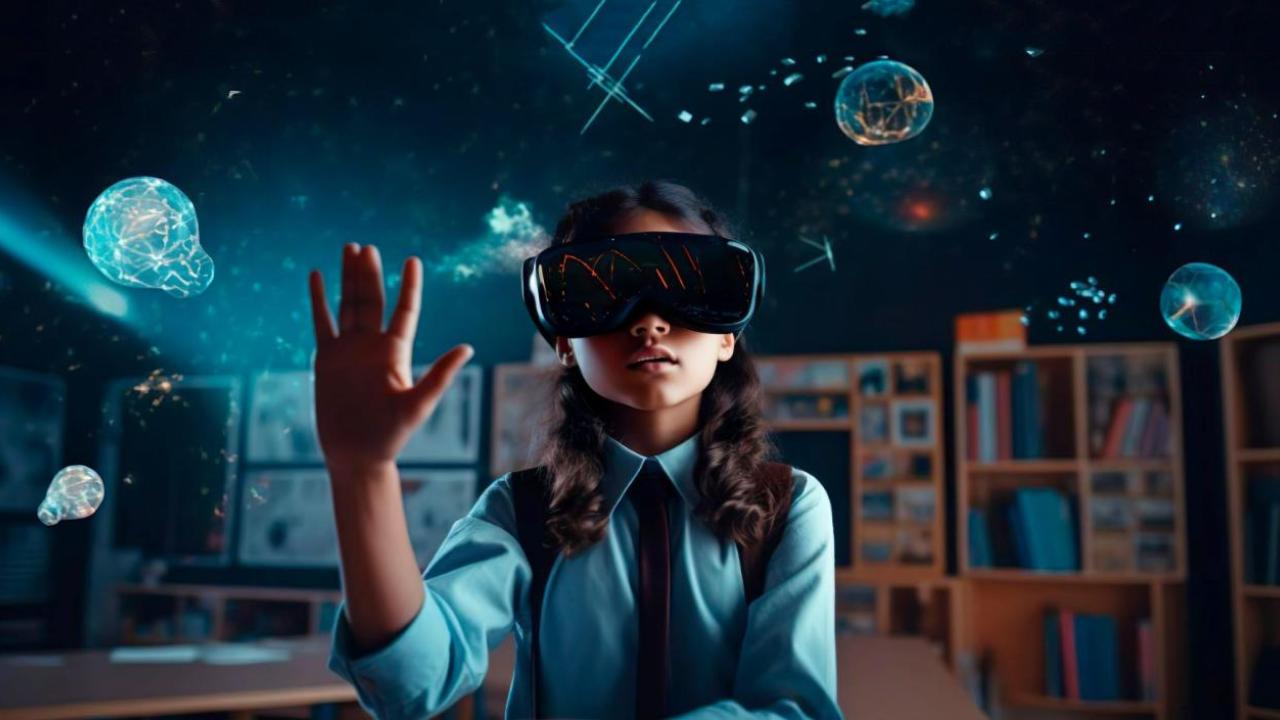 A child wearing a vr headset with a hand up in a dark classroom setting. Virtual shapes appearing.