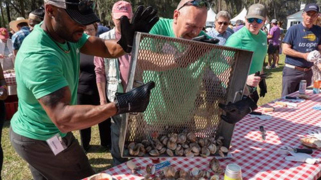 People dropping oysters onto a table