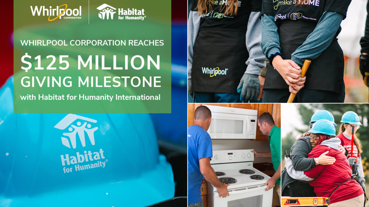 Collage of four images. "Whirlpool Corporation reaches $125 Million Giving Milestone" Other images of people installing appliances, hugging others and standing with hand tools and hard hats on.