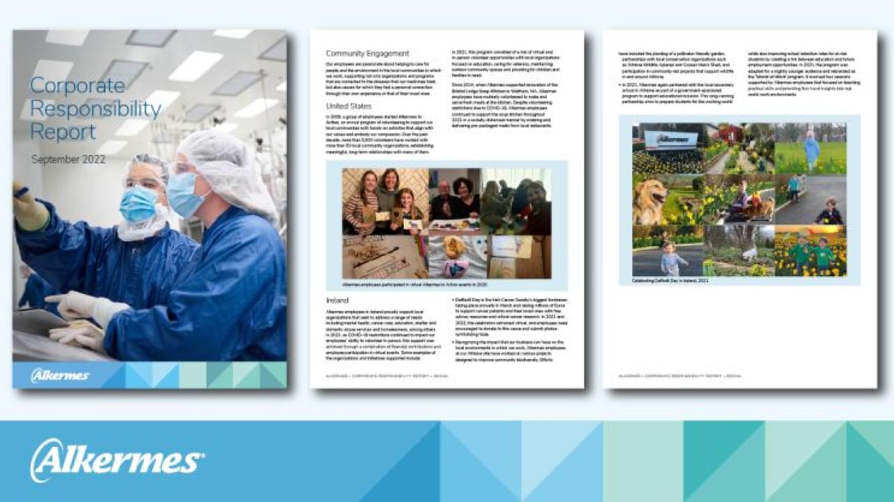 Collection of three excerpt pages from the 2022 Alkermes Corporate Responsibility Report.