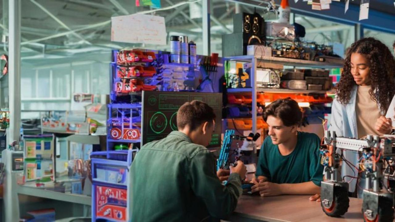 Youth working on a robotics project together in a warehouse setting.
