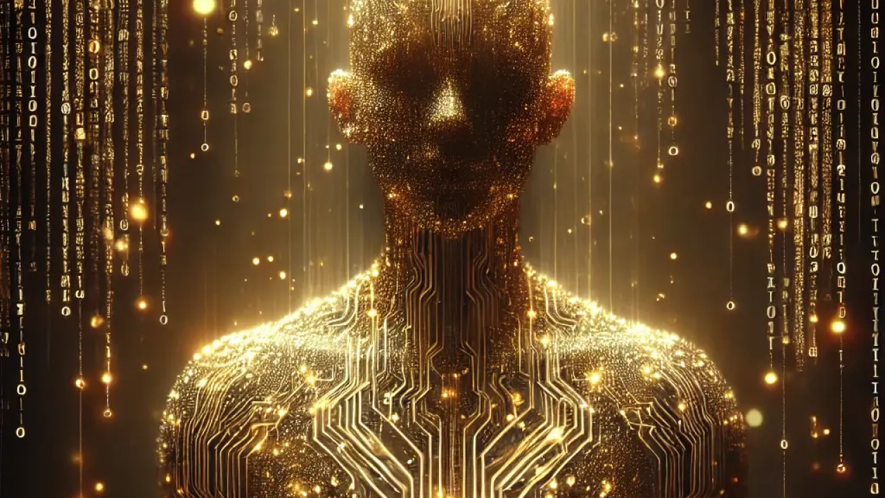 A human form overlaid with an image of golden circuitry and binary numbers