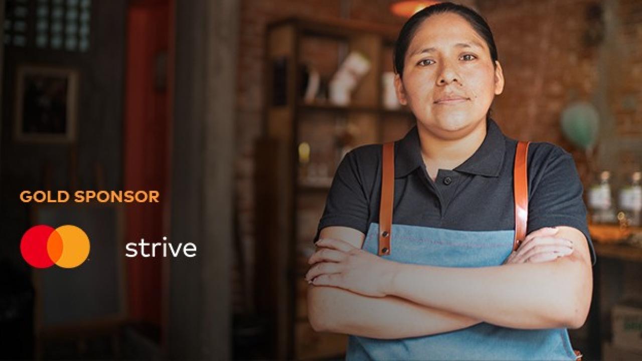 A person in an apron with crossed arms. "Gold sponsor" and mastercard logo on the left