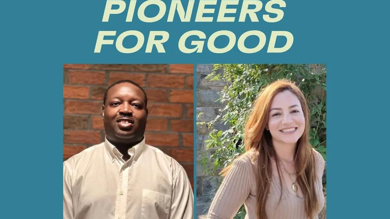 "Pioneers for Good" with headshots of Benny and Cindy